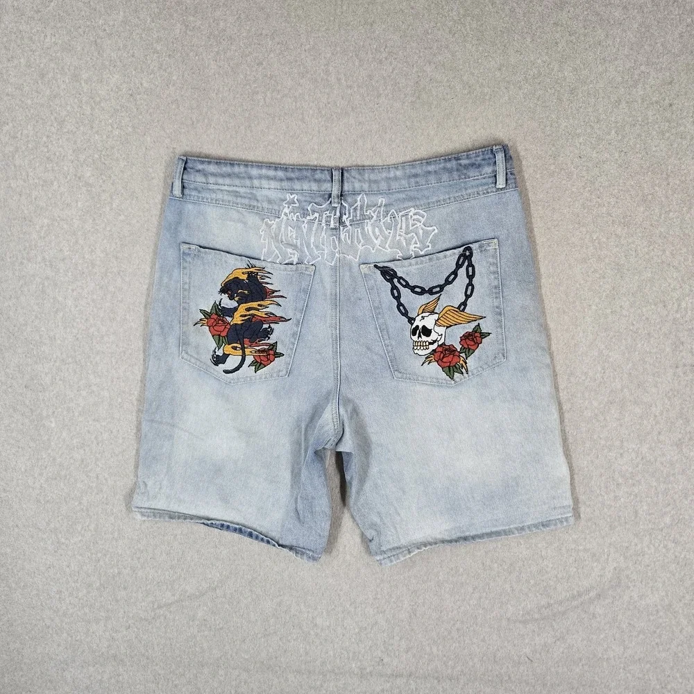 Ninth Hall Men Shorts 36 Light Blue Denim Y2K Grunge Embroidered Graphic Skull